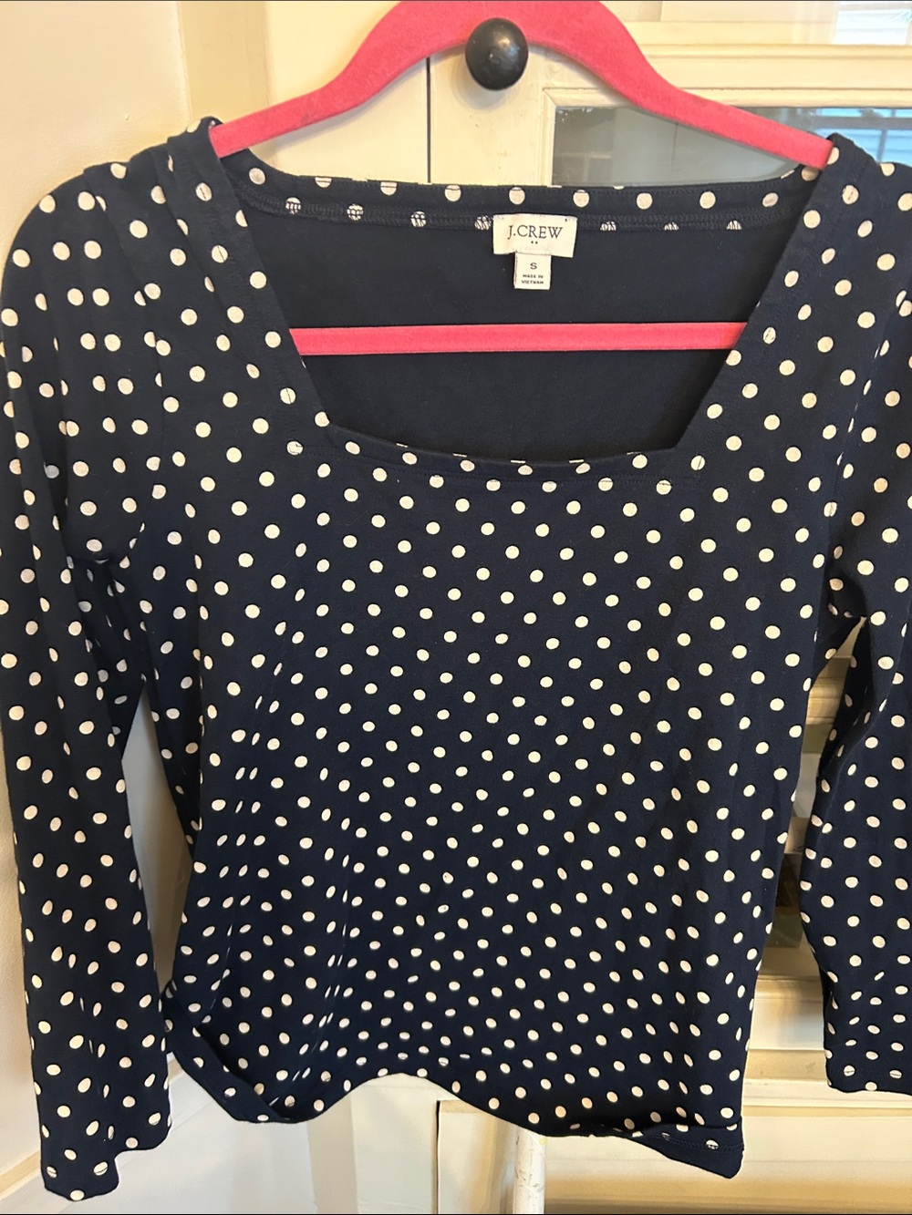 J. Crew Navy and White Polka Dot Long Sleeve Top